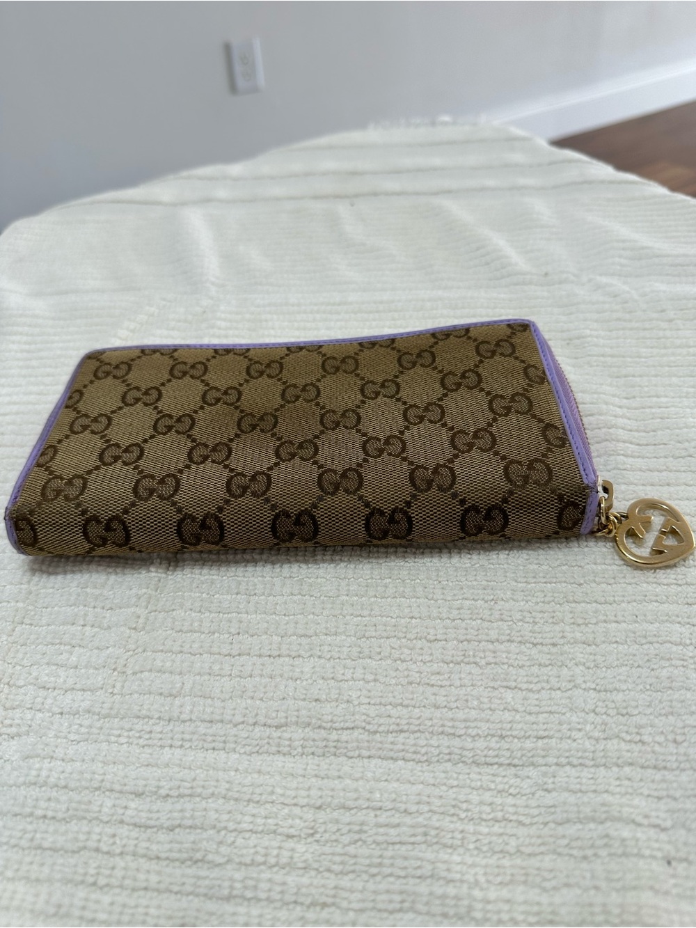 Gucci Brown GG Canvas Zip Wallet with Lavender Trim and Gold Charm